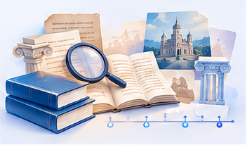 Курсовая по истории: старинные рукописи, колонны, замок, лупа над книгой и лента времени